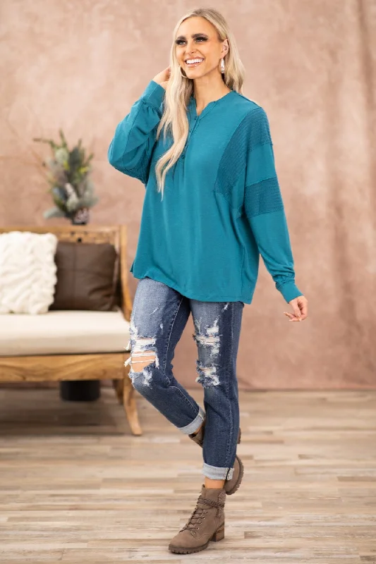 Teal Reverse Seam Detail V-Neck Top