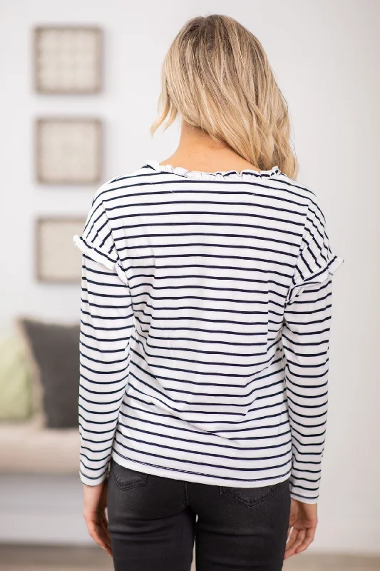 White and Navy Stripe top With Ruffle Detail