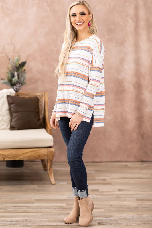 White Multicolor Stripe Drop Shoulder Top