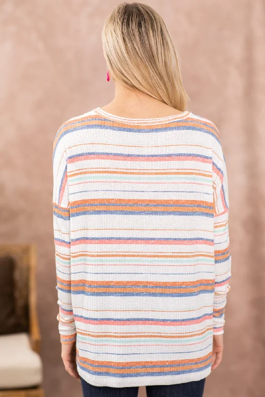 White Multicolor Stripe Drop Shoulder Top