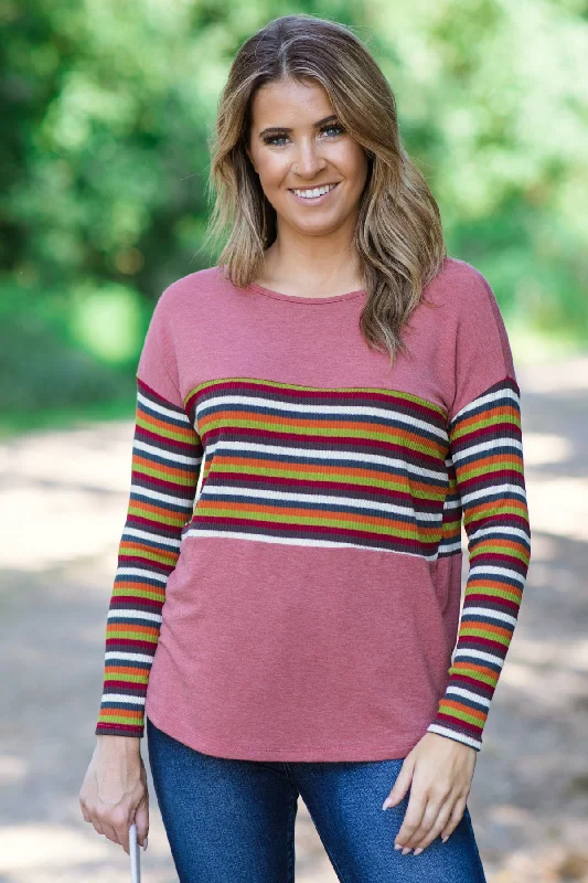 Wine Multicolor Stripe Detail Top