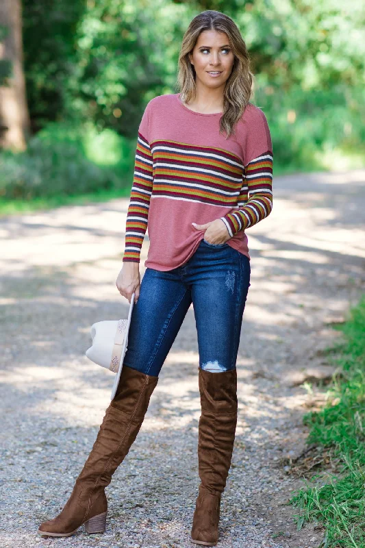 Wine Multicolor Stripe Detail Top