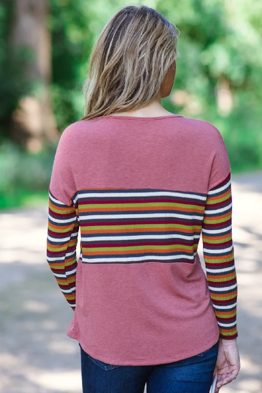 Wine Multicolor Stripe Detail Top