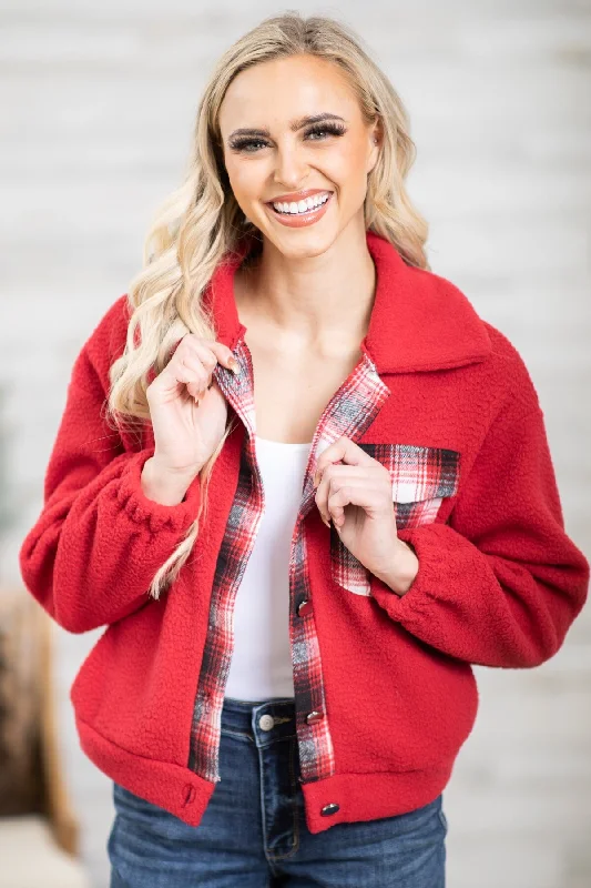 Wine Sherpa Jacket With Plaid Trim