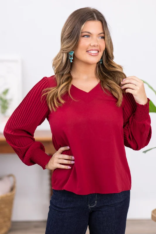 Wine V-Neck Top With Pleated Sleeves