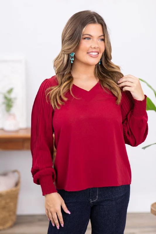 Wine V-Neck Top With Pleated Sleeves