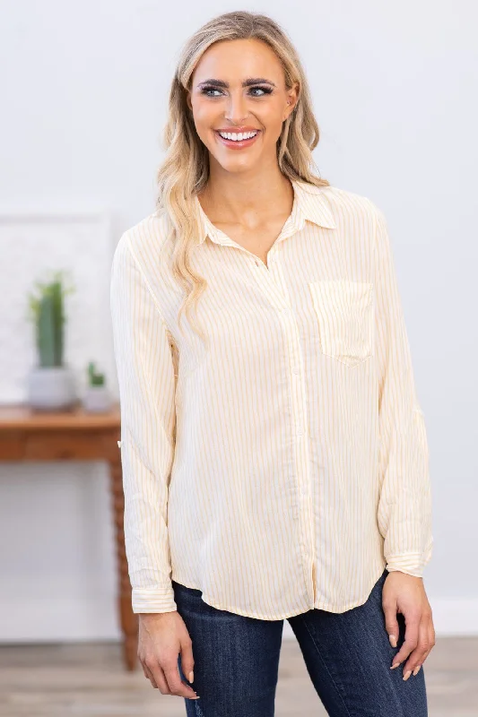 Yellow and Off White Pinstripe Button Up Top