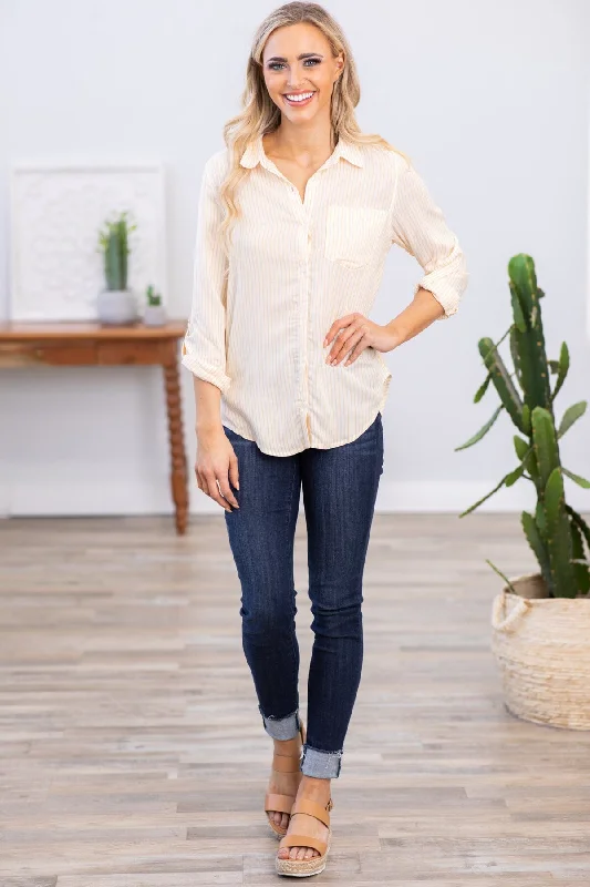 Yellow and Off White Pinstripe Button Up Top